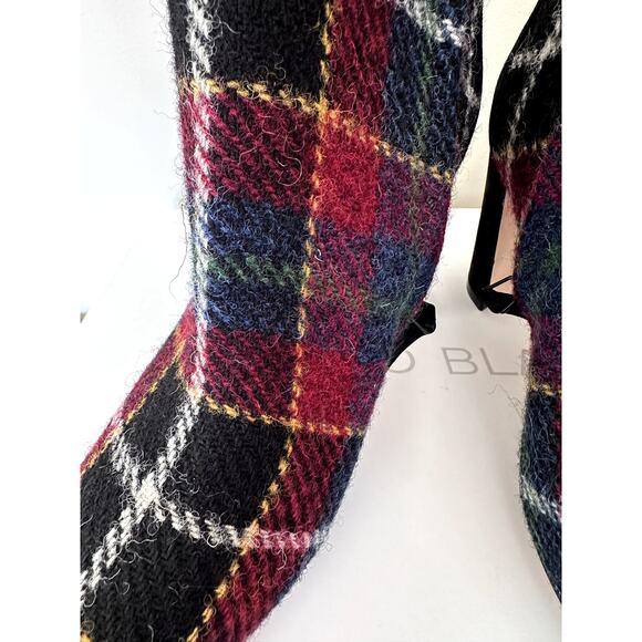 New Manolo Blahnik Boots Wool Plaid Multicolor Zipper Block Heel Sz 37 Womens - Picture 2 of 8